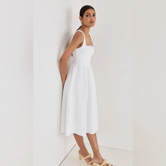 NEW Reformation Tagliatelle Linen Midi Dress in White Lace Detail | size 0 - Picture 13 of 13